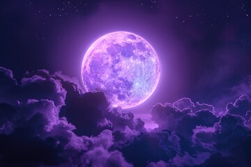 Poster - A purple full moon shines brightly in the dark night sky