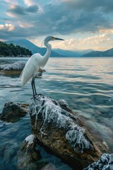 Poster - A white bird perched on a rock above calm water, great for nature or wildlife themed projects