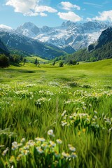 Poster - A sunny day scene with a field of blooming flowers and a mountain range in the distance