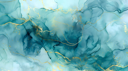 abstract pastel cyan mint liquid marble golden lines background,green liquid watercolor background,generative ai