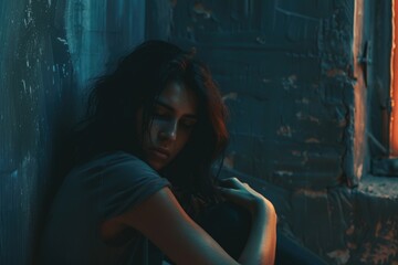 Poster - A woman leans against a dark room wall, lit by a faint light