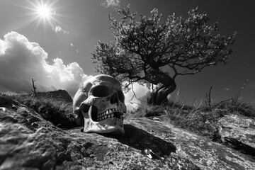 Wall Mural - A human skull sits atop a rocky outcropping near a tree, offering a spooky and mysterious scene