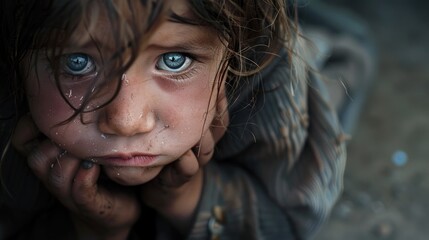 Canvas Print - A close-up of a child's face with bright blue eyes, ideal for illustrations and educational materials