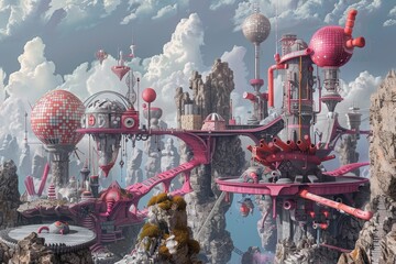 Poster - a futuristic city is nestled among towering mountains, surrounded by clouds in an otherworldly lands