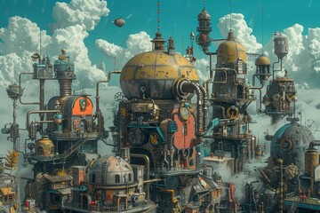 Poster - a surreal landscape packed with various types of futuristic buildings of different shapes and sizes,