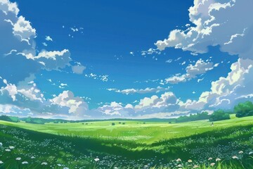 Beautiful landscape painting of a green field with white flowers and blue sky with white fluffy clouds.