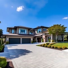  Luxury family house with concrete driveway wide garage on back yard with blue sky Back ground ai generated