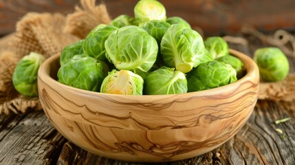 Wall Mural - Fresh brussels sprouts in a wooden bowl on rustic table