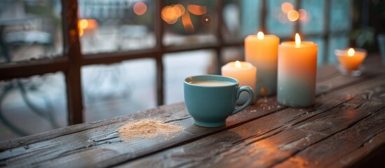 Arrangement in the indoor setting featuring a cup and candles displayed on a wooden table.