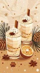 Two glasses of creamy, spiced eggnog with cinnamon sticks and star anise, set on a beige background with festive decorations