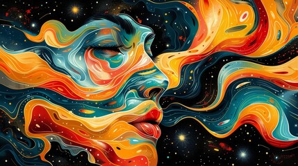 Wall Mural - closeup flat design of Digital art piece with a cosmic theme, featuring swirling colors and starlike patterns