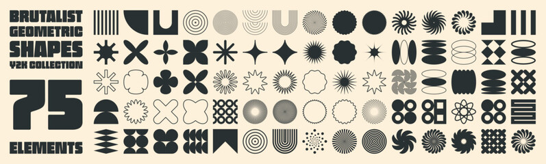 Brutalist geometric shapes, modern symbols. Simple primitive elements and forms. Retro design, trendy contemporary minimalist style, y2k. Vector illustration