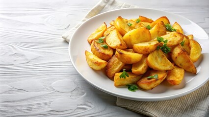 Sticker - Golden fried potatoes on a white plate , crispy, delicious, savory, junk food, appetizer, snacks, unhealthy