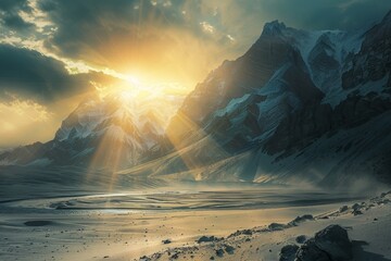 Sticker - Sun rays piercing through clouds above mountain range, A surreal landscape with oversized sun rays creating unusual shadows