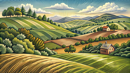 Wall Mural - A rolling hills rural landscape drawing in a vintage woodcut style