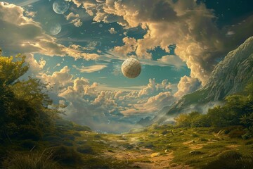 Poster - A painting featuring mountains and clouds in a serene landscape setting, A surreal representation of a volleyball floating in a dreamlike landscape