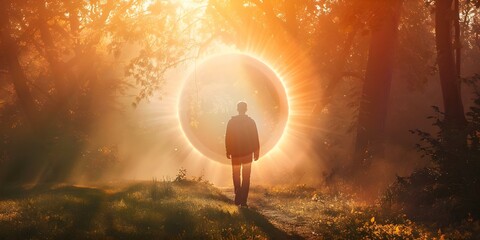 Man walking under a sun halo creating a spiritual and uplifting scene. Concept Spiritual, Uplifting Moment, Natural Halo, Sunlit Silhouette, Inspirational Walk