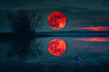 Sticker - A red full moon rises above a tranquil body of water, casting a surreal reflection, A surreal scene of a red moon reflected in a still body of water, creating a mesmerizing mirror effect