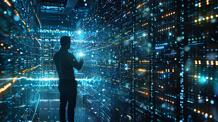 Poster - Businessman with virtual cyber security technology and online data protection for security of data storage used by global business network server to secure cyber information