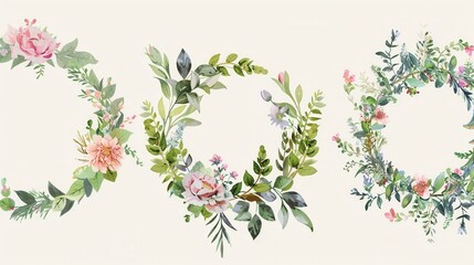 Wall Mural - A set of three watercolor floral wreaths featuring various flowers and leaves, perfect for wedding invitations and festival decorations. Generative AI