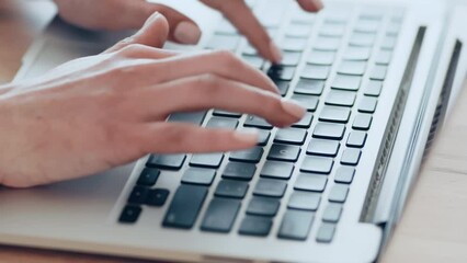 Poster - Online education. Female student typing graduation report on laptop at home, close up