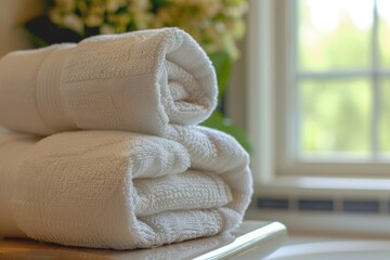 a stack of white towels sitting on top of a table