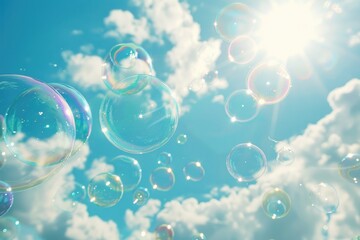 Wall Mural - Soap bubbles fly against the blue sky on a sunny day