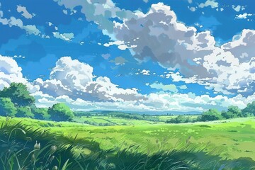 Grass Field landscape with blue sky and white cloud. Blue sky clouds sunny day wallpaper. Cartoon illustration of a Grass Field with blue sky in Summer. green field in a day.