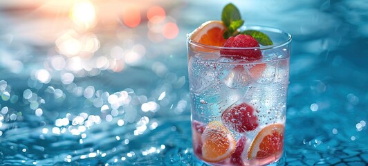 Wall Mural - Refreshing cocktail near swimming pool close up. Copy space image. Place for adding text