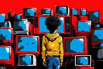 A child in a yellow hoodie stands mesmerized by a large collection of vintage red televisions, illustrating the overwhelming influence of media in modern society.