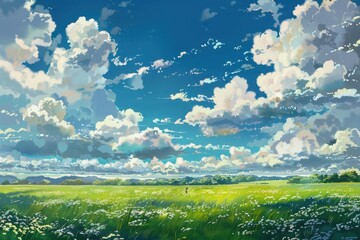 Grass Field landscape with blue sky and white cloud. Blue sky clouds sunny day wallpaper. Cartoon illustration of a Grass Field with blue sky in Summer. green field in a day.