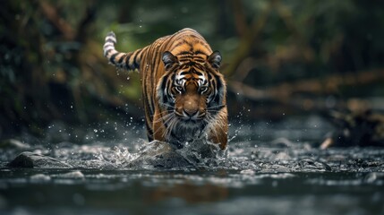 A close-up of a tiger walking through a shallow stream in a dense forest