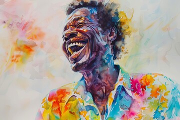 A vibrant watercolor portrait of a laughing Black man