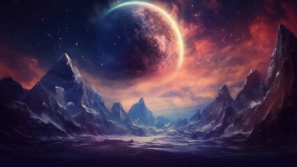 Wall Mural - The fantasy picture of high mountain landscape with giant stars and space nebula lighting in the night skyline representative exploration and discovery about planet or interstellar traveling. AIG35