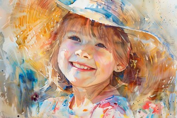 Wall Mural - A vibrant watercolor painting of a young girl with a bright smile