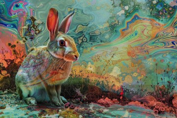 A painting depicting a rabbit in a seated position on the ground in a surrealistic style, A surrealistic interpretation of a rabbit in a dreamlike landscape