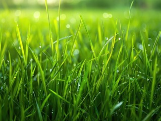 A detailed photograph of a grassy field, highlighting the individual blades of grass with dew droplets, emphasizing the freshness and natural texture of the grass