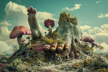 Mushrooms resting on vibrant green hillside in a unique landscape, A surrealistic landscape featuring a surreal pedicure theme