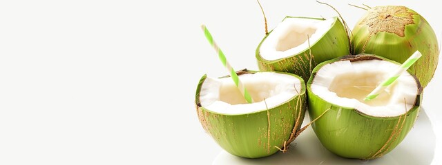 Open green coconut with straw isolated on white background. Fresh drink concept in summer.