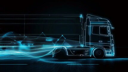 Background with a futuristic truck in neon blue light.