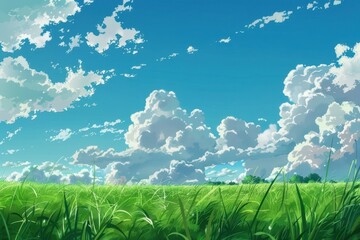 Beautiful anime style illustration of a green field and blue sky with fluffy white clouds.  A peaceful outdoor nature scene perfect for nature backgrounds, desktop wallpapers, or phone backgrounds.