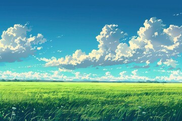 Beautiful bright green meadow with fluffy white clouds in a blue summer sky, panoramic vista of rolling hills