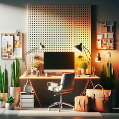 Wall Mural - an office desk with a pegboard and lamp