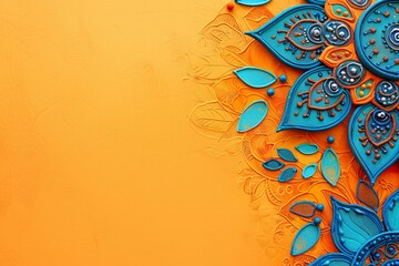 rangoli ornament placed on one side of the image, blue and orange tone on solid orange background
