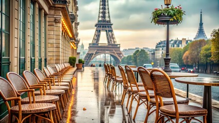 Parisian street cafe with a view of the Eiffel Tower on a rainy day, Paris, street cafe, Parisian, Eiffel Tower, raining