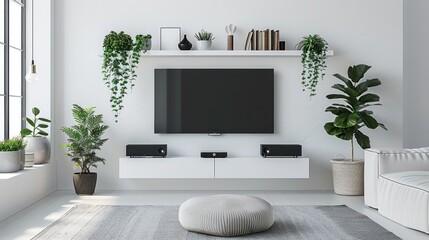 Wall Mural - Minimalist modern white TV shelf with books , decorations and sound system. Rich vector graphic template