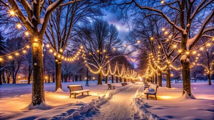 Wall Mural - Christmas lights illuminate a snow-covered park at night , winter, holiday, festive, evening, glowing, outdoor