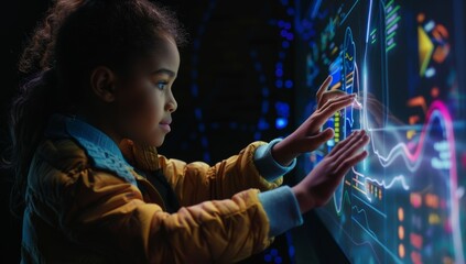 Wall Mural - Young child in front of an interactive screen, interacting with digital data and AI technology, symbolizing the future of education through immersive VR learning experiences.