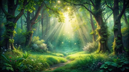 Canvas Print - Enchanted forest scene with lush greenery, sparkling sunlight, and mystical atmosphere , mystical, enchanted, forest, scene