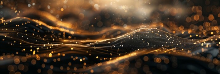 Wall Mural - Digital background featuring black and golden light, flowing lines of data with dots, AI technology theme, bokeh lights, complex waves